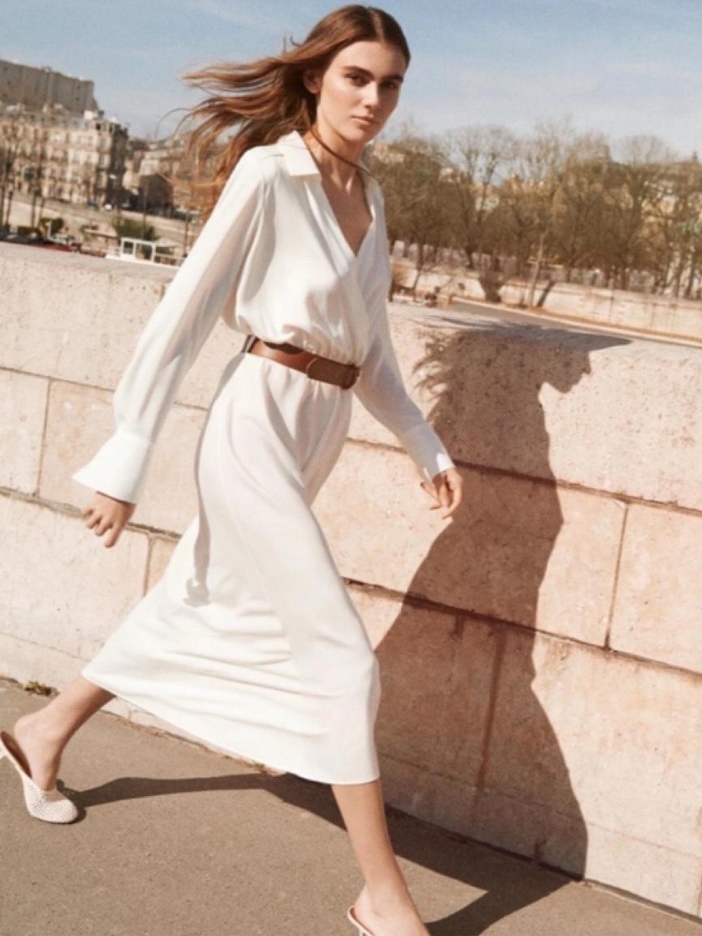 Zara Cream Maxi Shirt Dress with Brown Belt